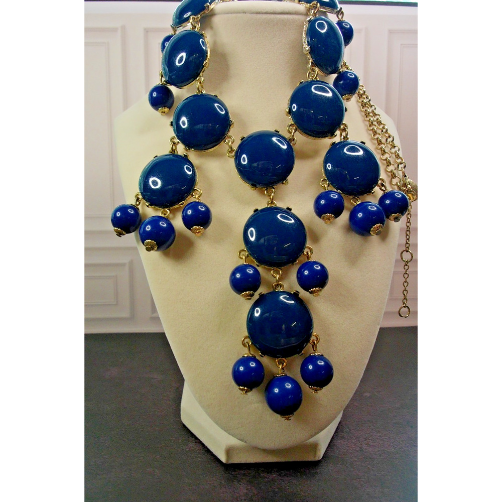 Ily Couture Blue and Gold Statement Bubble Bib Necklace